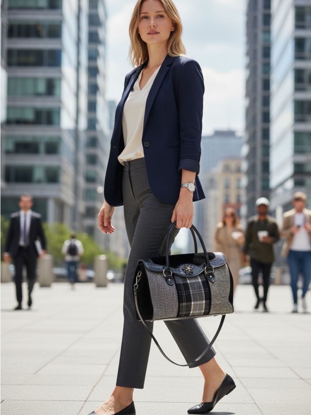 Plaid Sparkles Top-Handle Satchel with Black Trim - Gray and Black